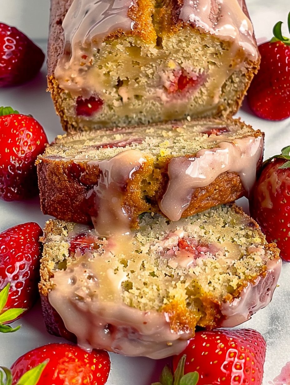 Sliced strawberry banana bread on a wooden board