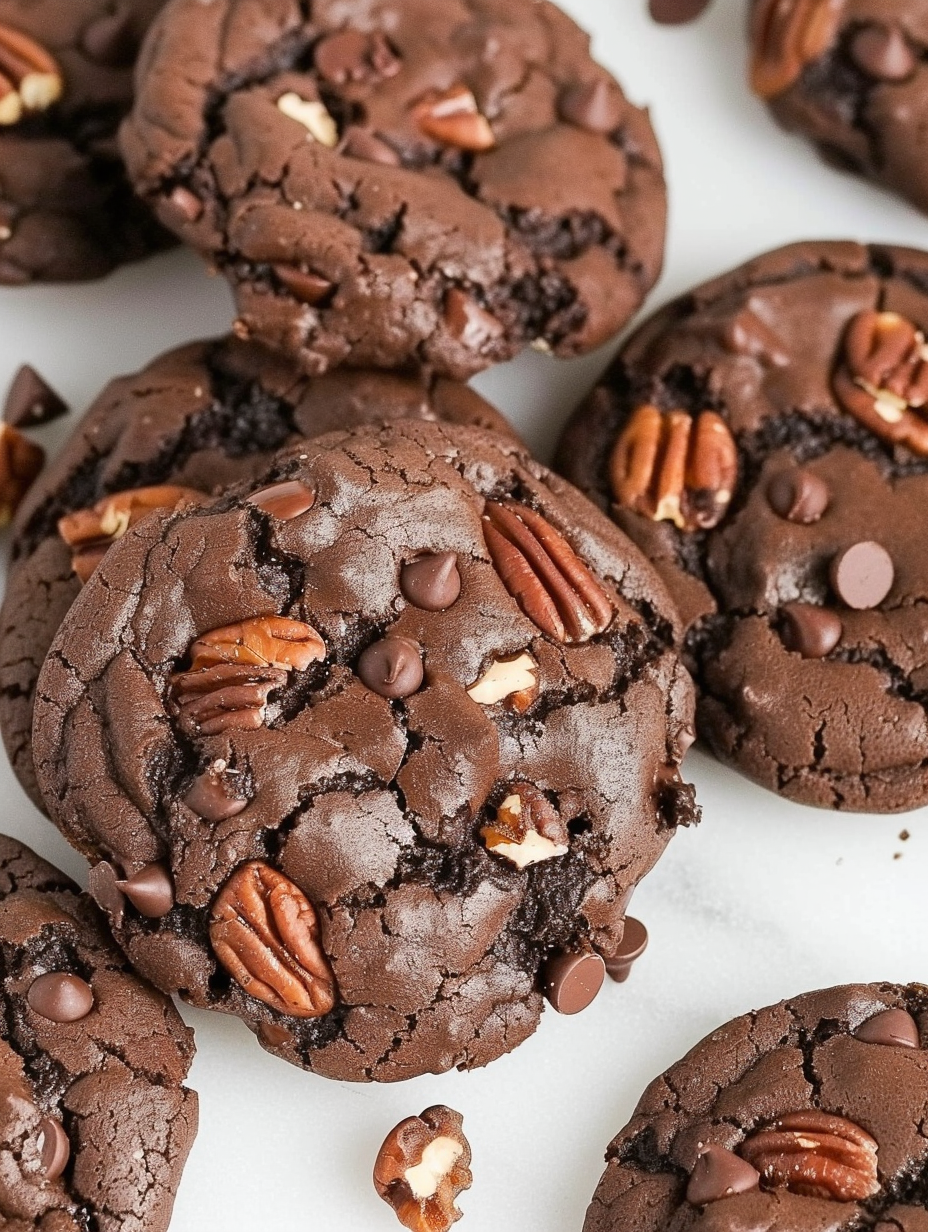 Close up of fudgy chocolate cookie with pecans