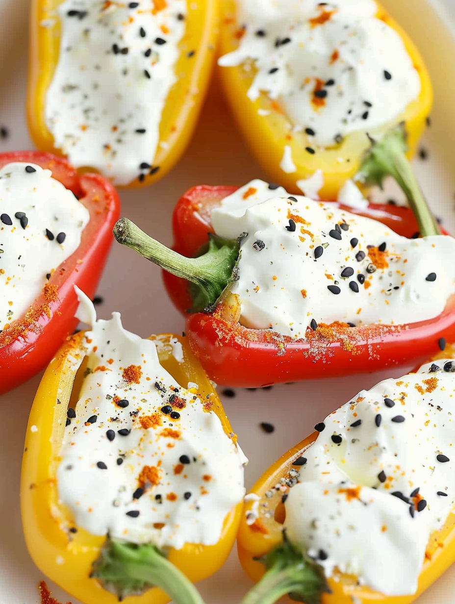 Close-up of filled mini peppers on a platter
