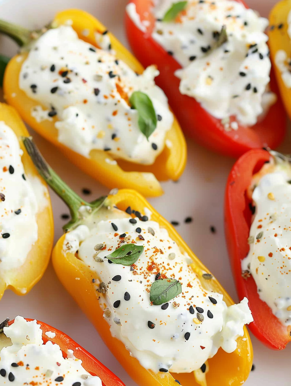 Tray of colorful everything bagel cream cheese stuffed mini peppers