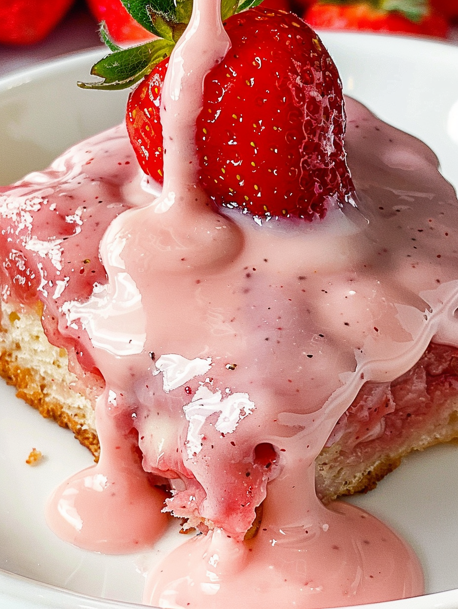 Close-up of glazed strawberry roll slice