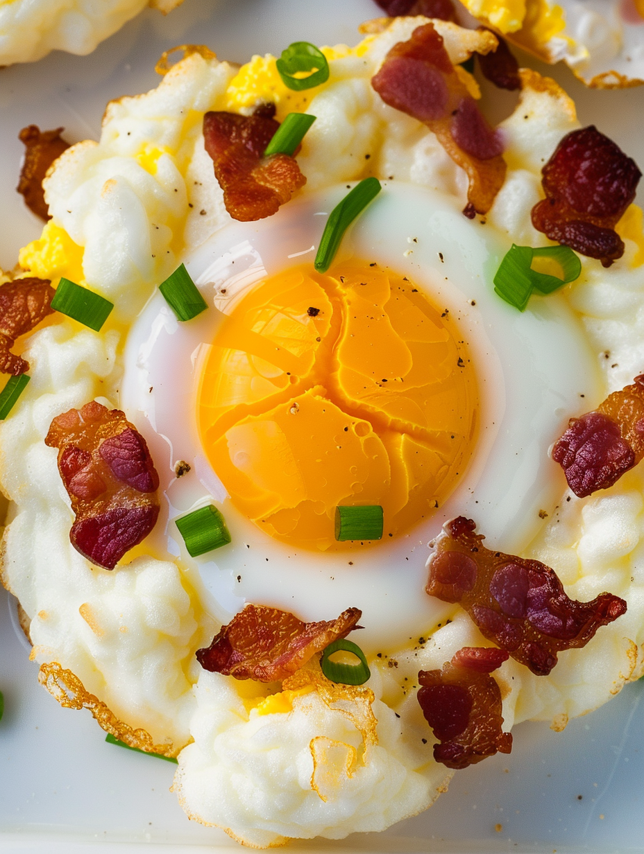Cloud Eggs with Cheesy Bacon and Scallions