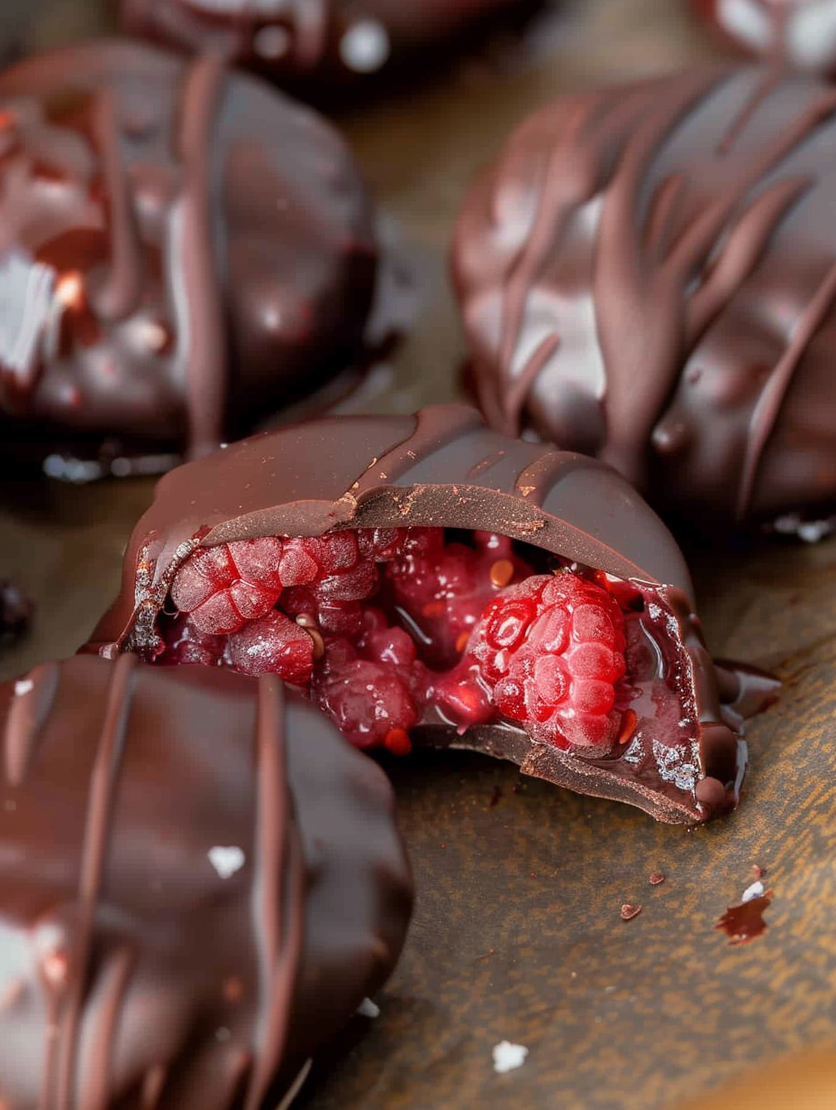 Chocolate dipping bowl and frozen raspberry clusters