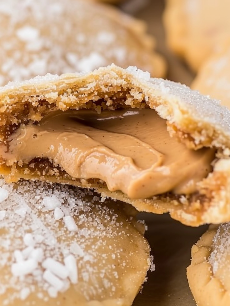 Close-up of a peanut butter lava cookie split to show molten center