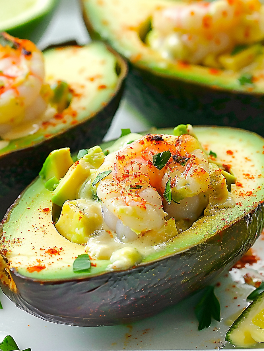 Baked shrimp stuffed avocados on a baking sheet