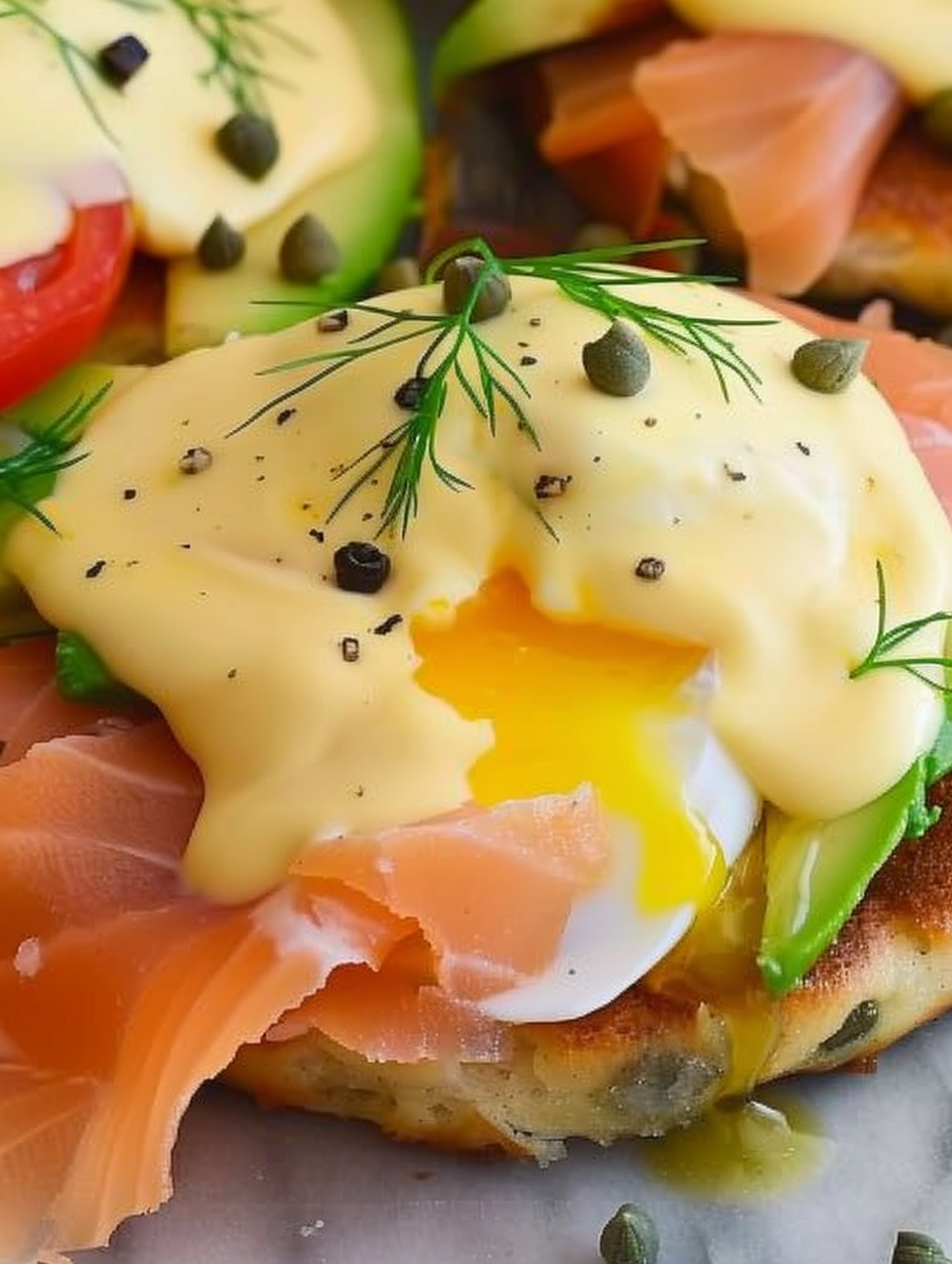 Smoked Salmon Eggs Benedict with Avocado & Hollandaise