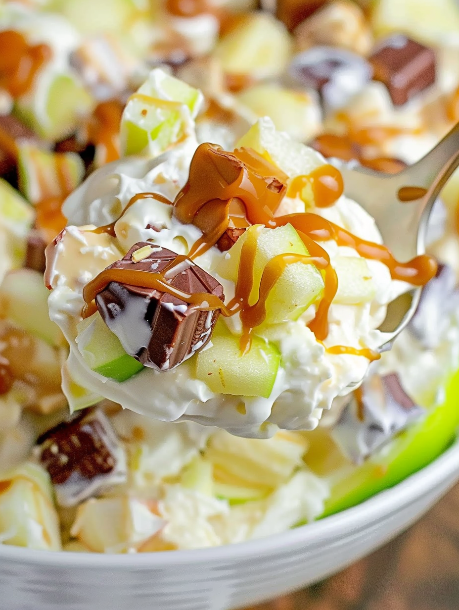 Snickers Salad served in a bowl with caramel drizzle