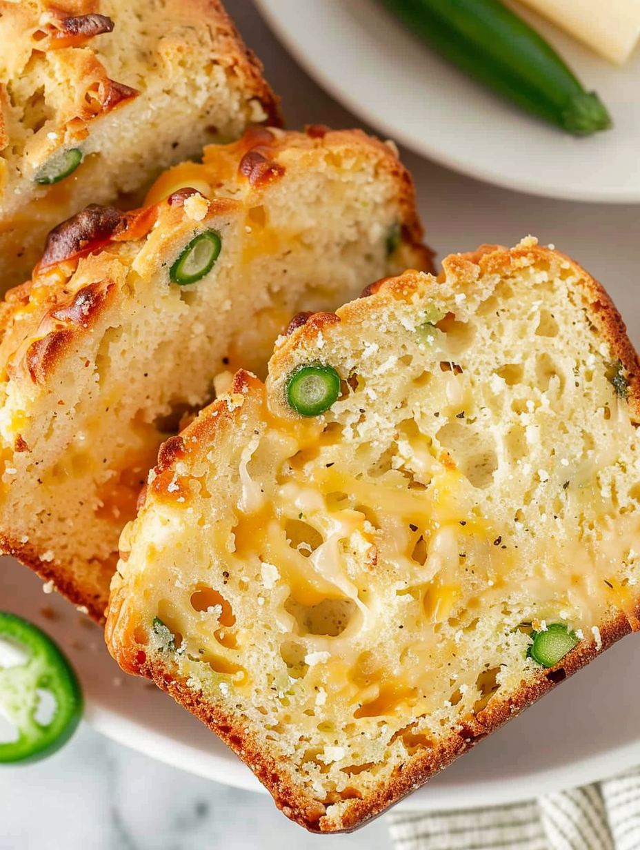 Close-up of a slice showing melted cheddar and jalapeno bits