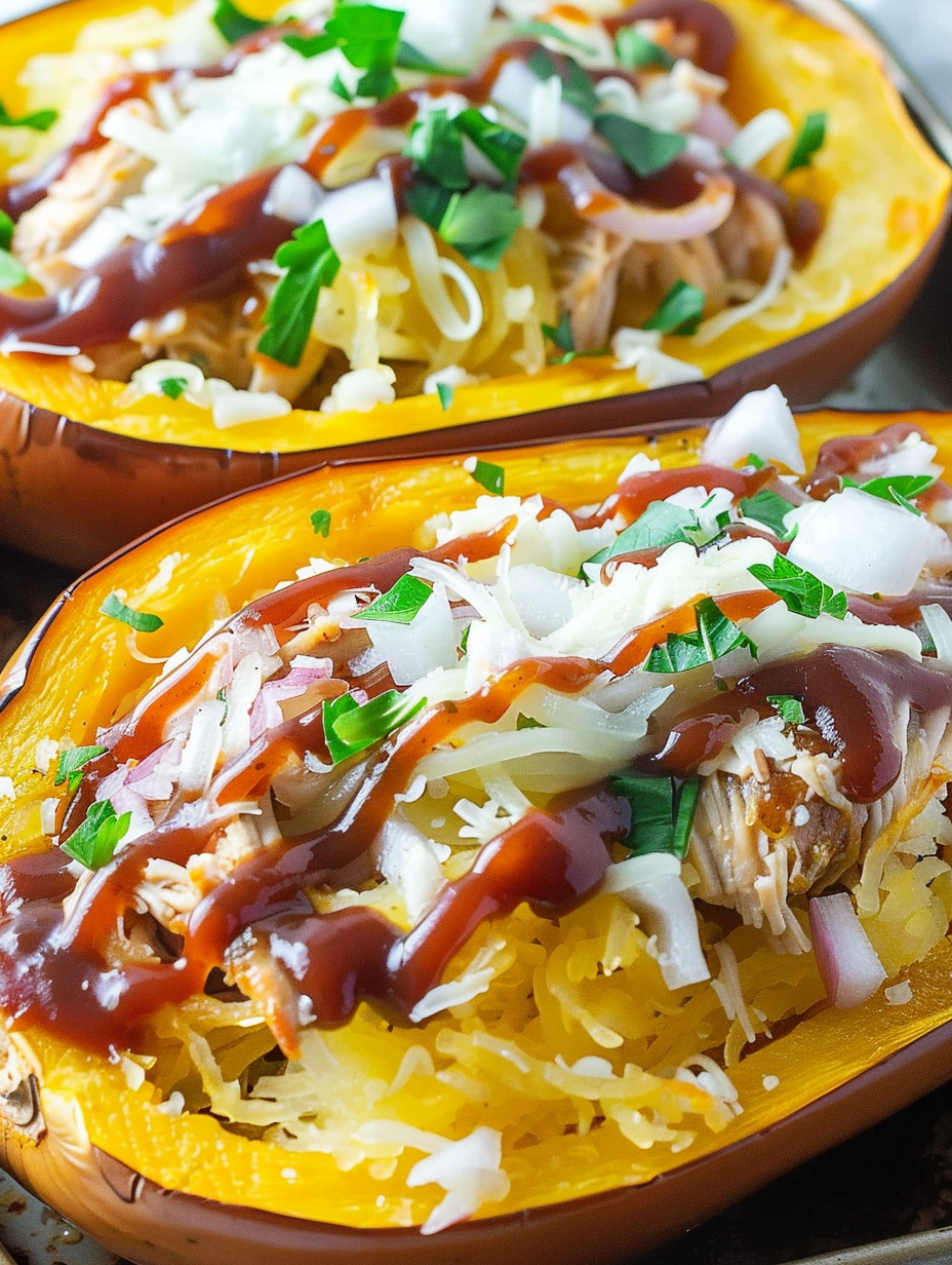 Finished BBQ chicken spaghetti squash with garnish