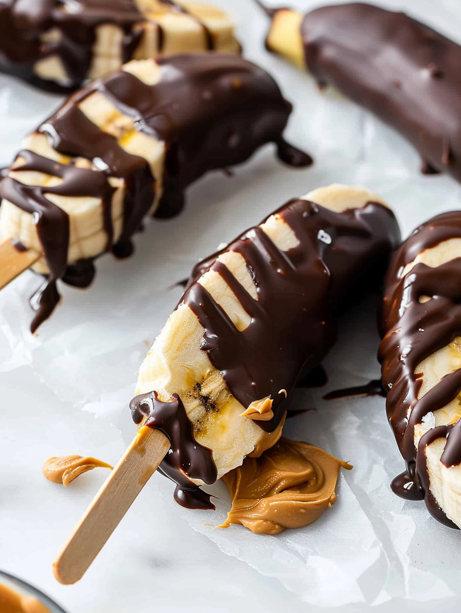 Chocolate covered frozen banana pops on a tray