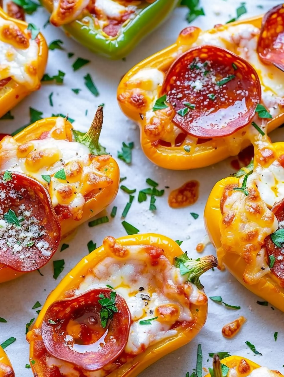 Close-up of a stuffed mini pepper topped with melted mozzarella and pepperoni