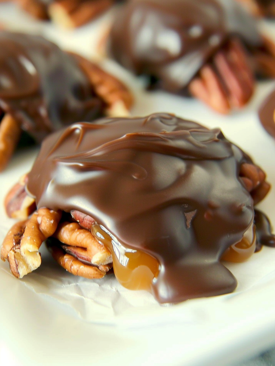 Toasted pecans and caramel being drizzled to form turtle clusters