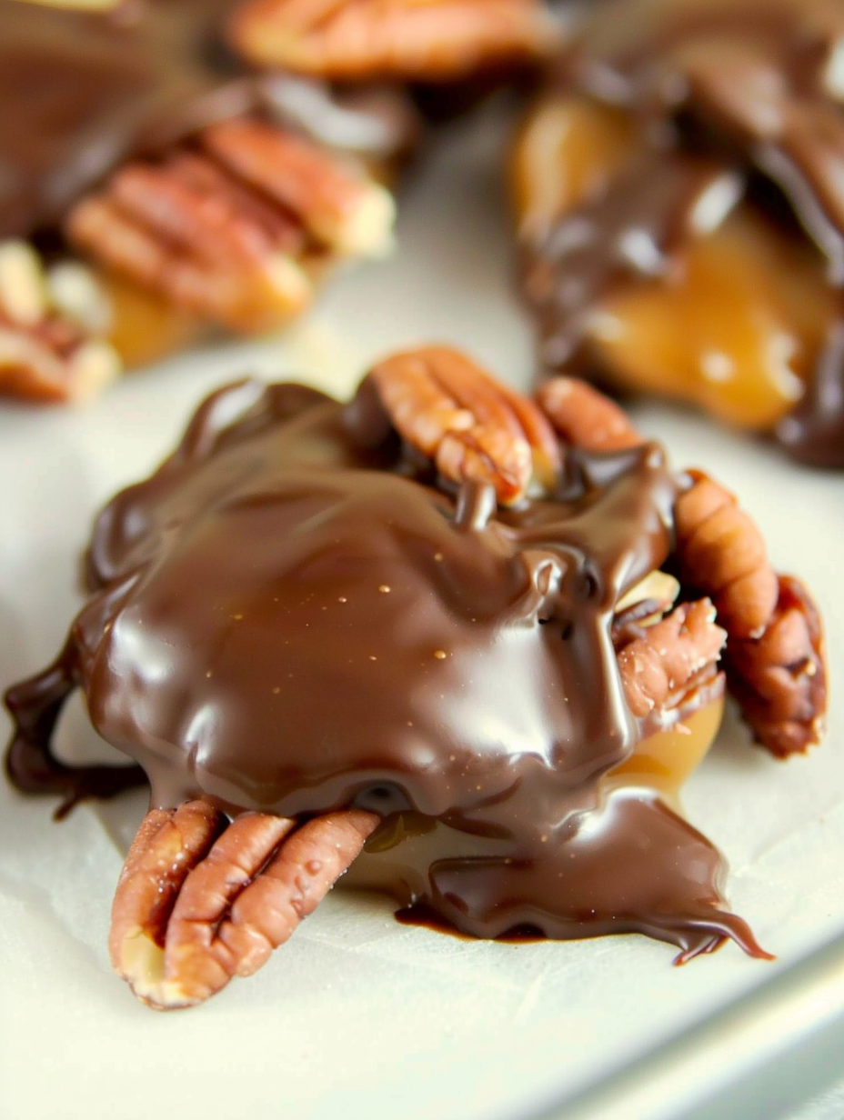 Finished chocolate pecan turtle clusters ready for gifting