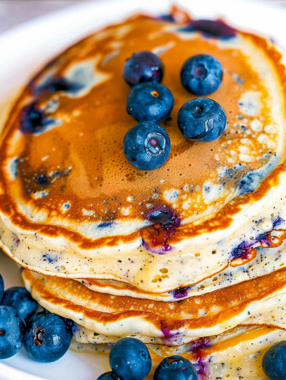 Finished stack of blueberry pancakes with syrup