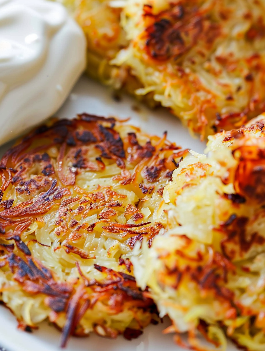 Stack of spaghetti squash patties with garnishes