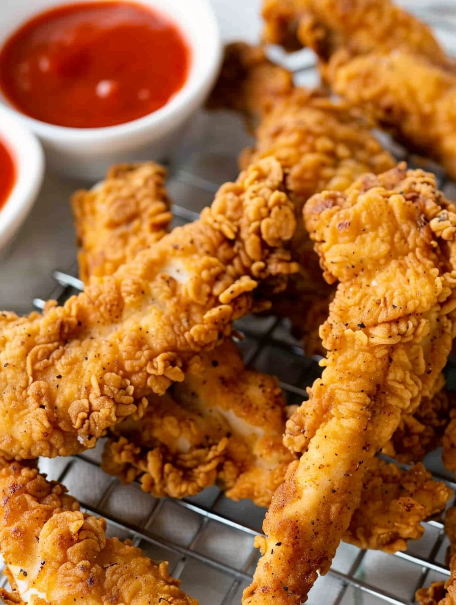 Fried chicken tenders on a cooling rack