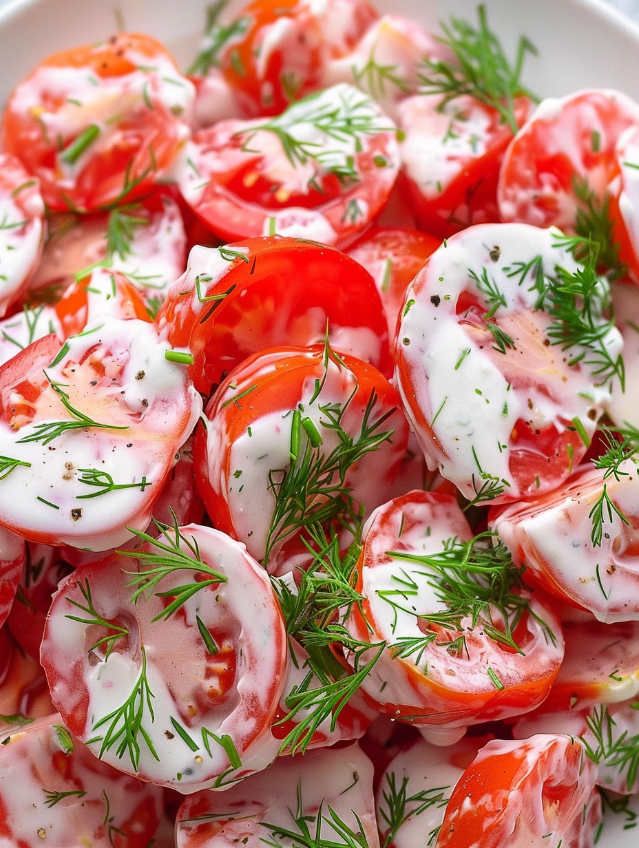 Finished tomato garlic salad served in a bowl