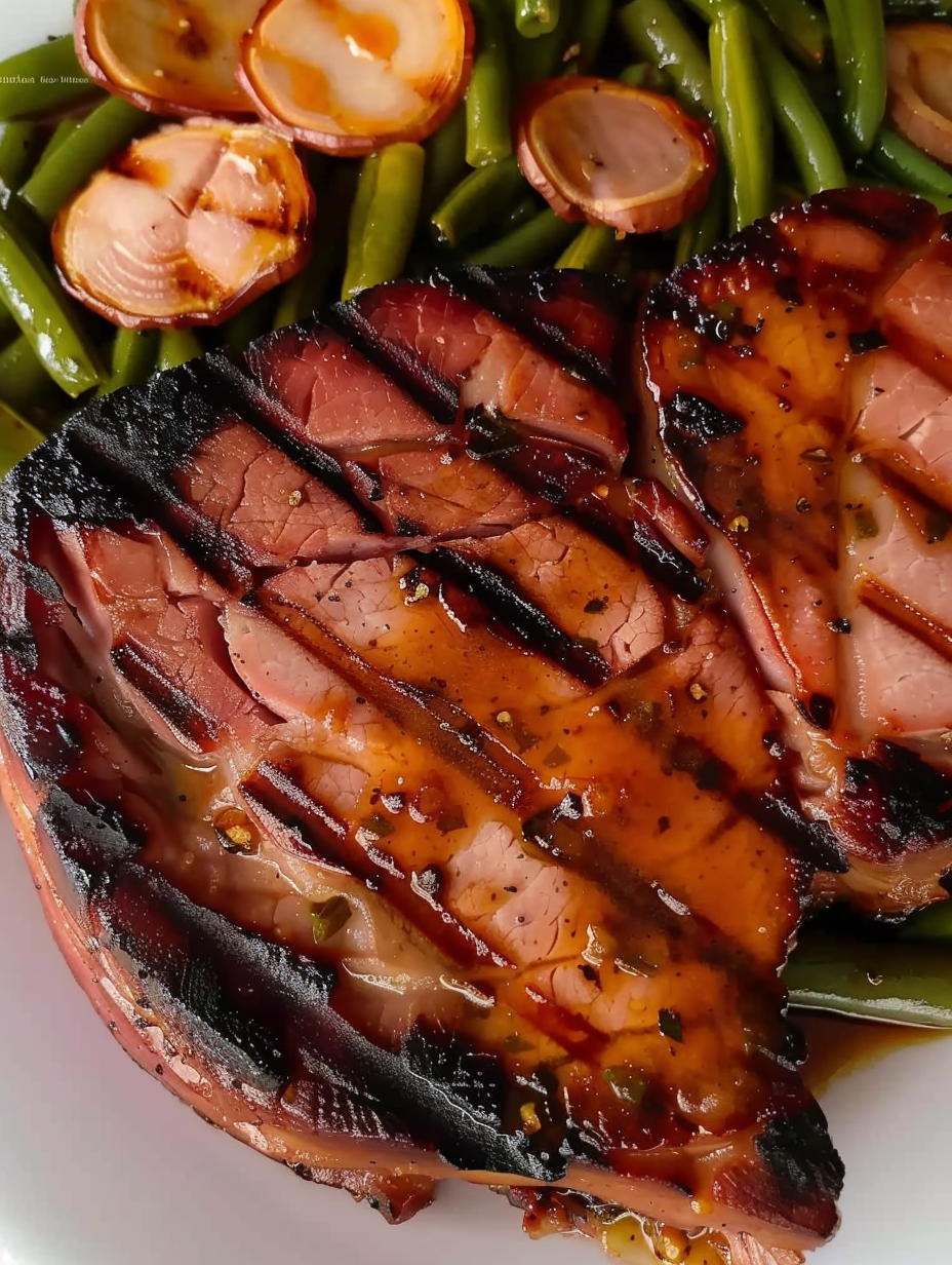 Glazed ham steak on the grill with caramelized edges