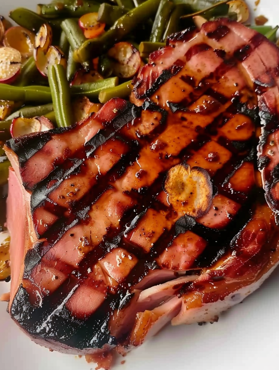 Plated ham steak with glaze and roasted vegetables