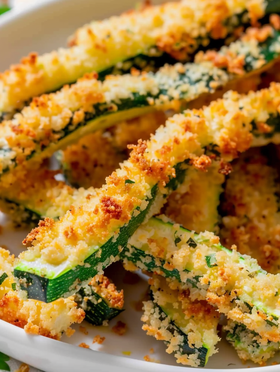 Close-up of golden brown keto zucchini fries