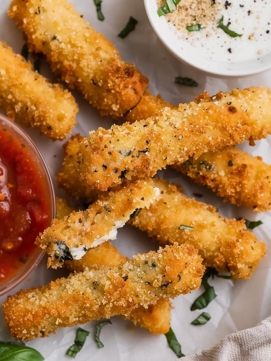 Plated vegan mozzarella sticks with marinara and garnish