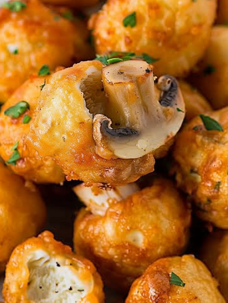Golden beer battered mushrooms on a plate