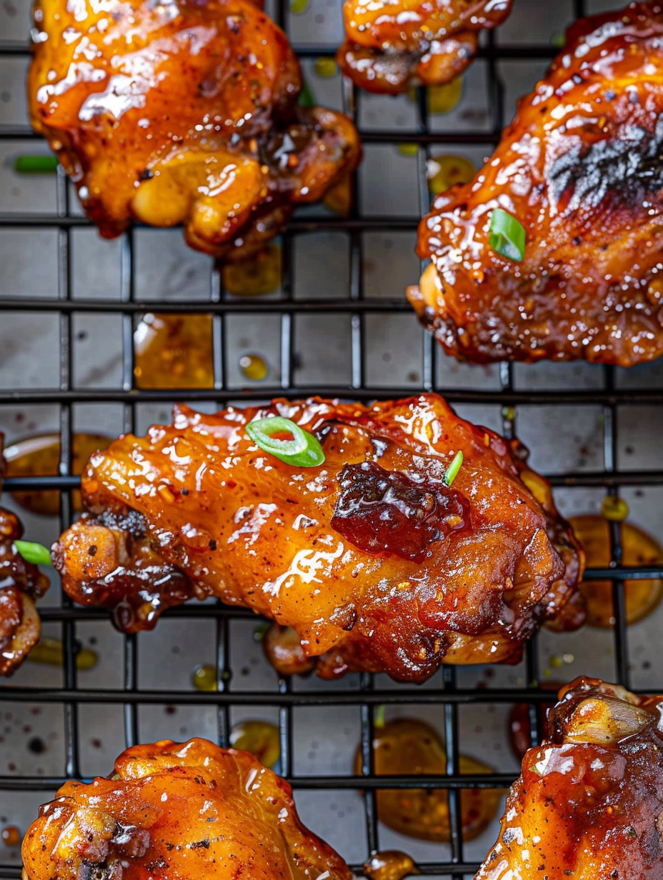 Hot honey peach wings glazed and served