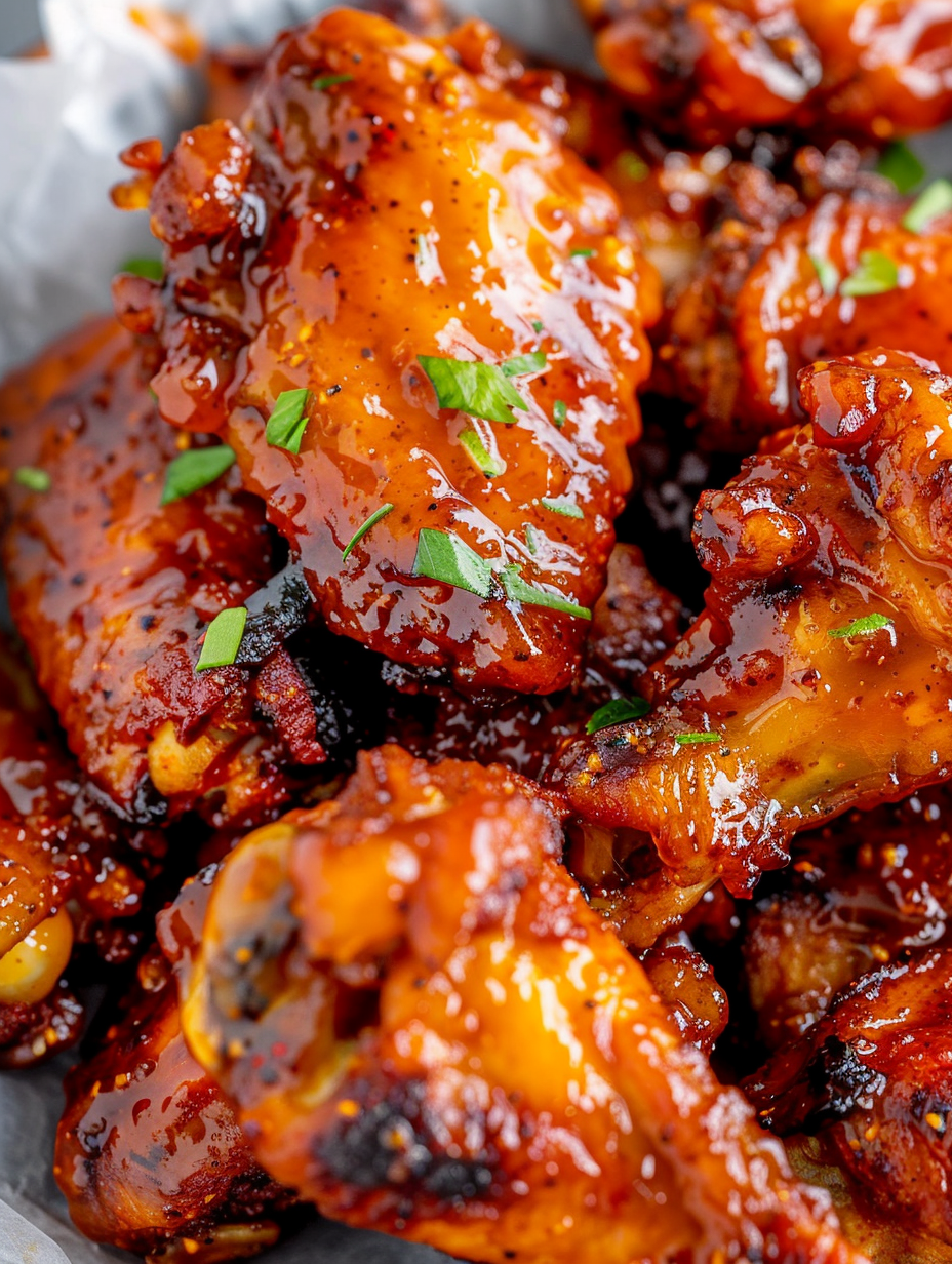 Close up of glazed wing being tossed in sauce