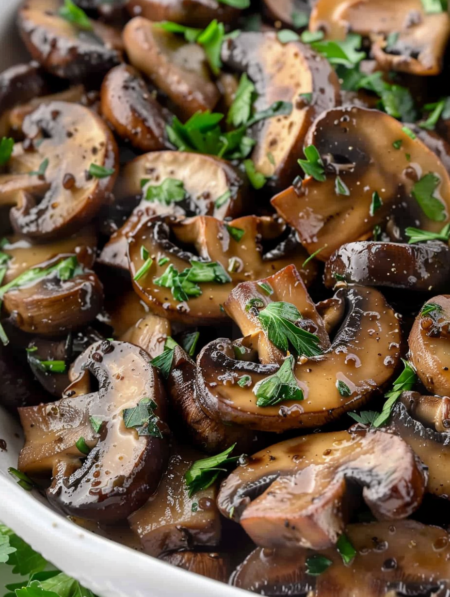 Plated sautéed mushrooms garnished with parsley