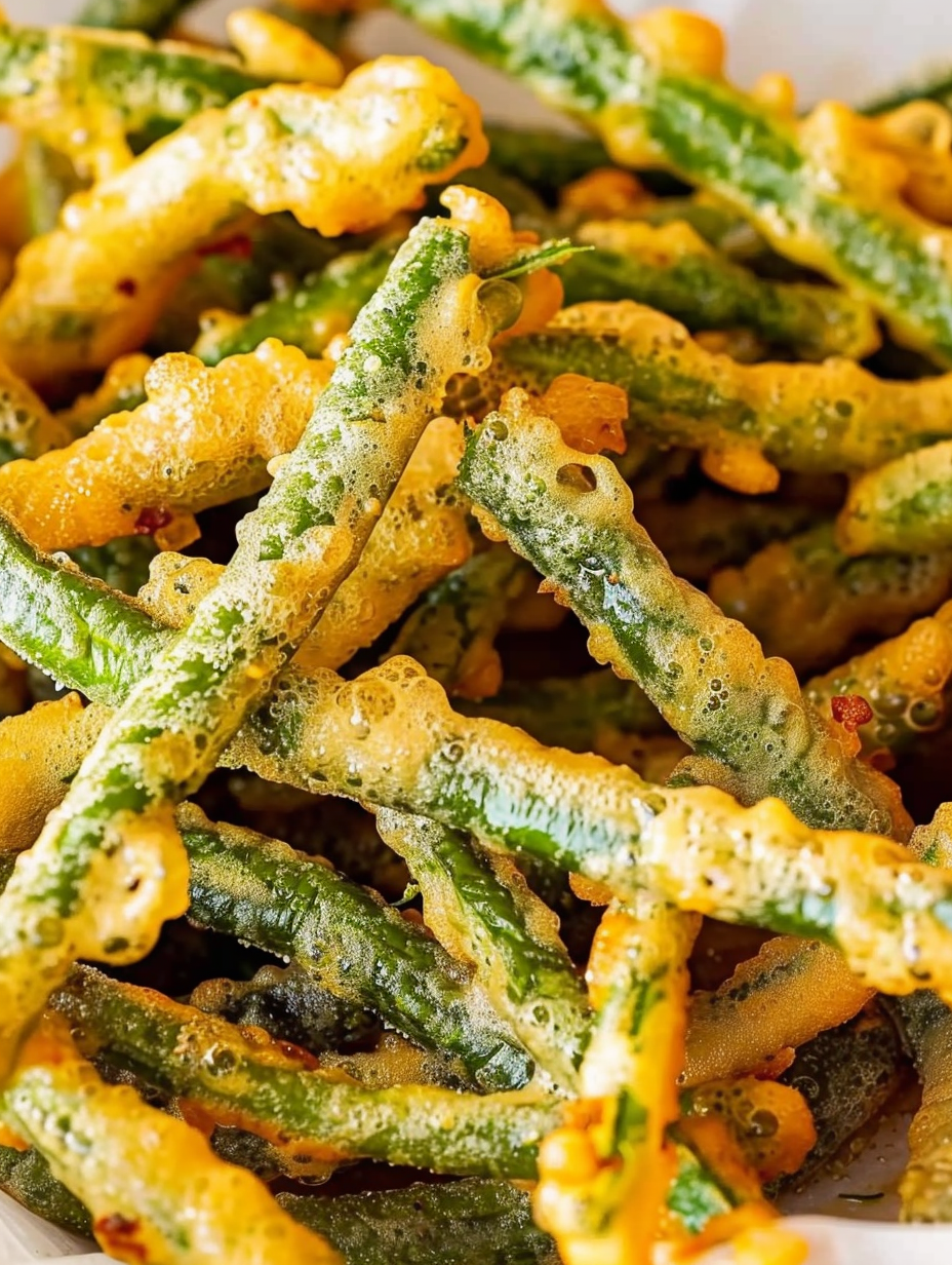 Beer-battered fried green beans on wire rack