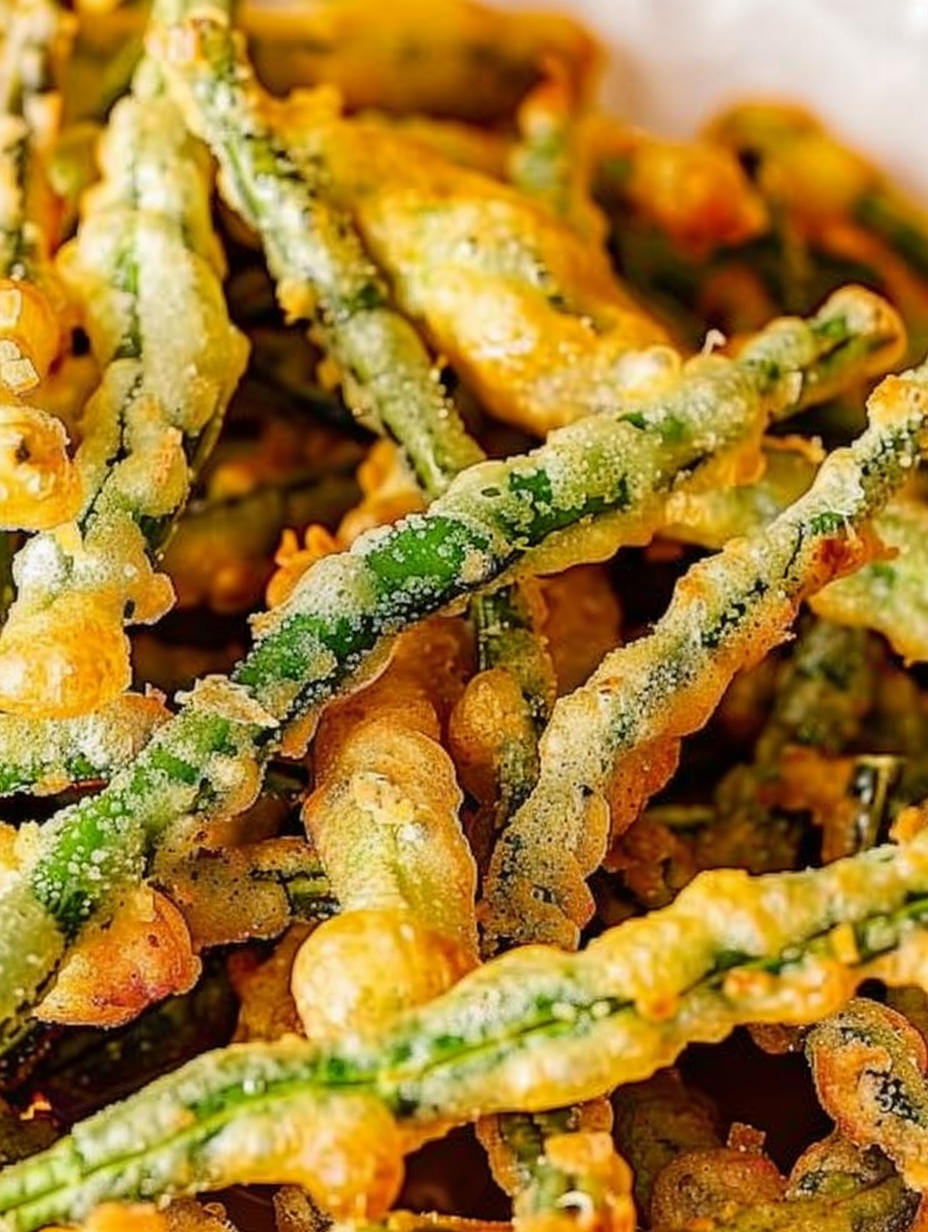 Plated fried green beans with dipping sauce