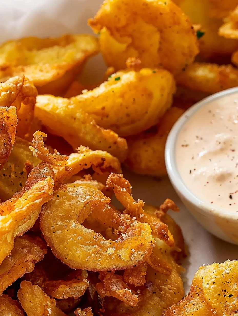 Golden fried onion petals on a wire rack with dipping sauce