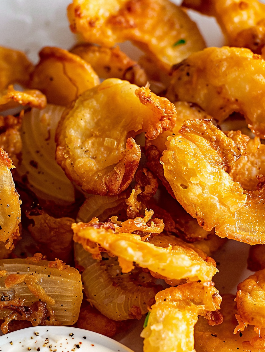 Close-up of an onion petal dipping into creamy sauce
