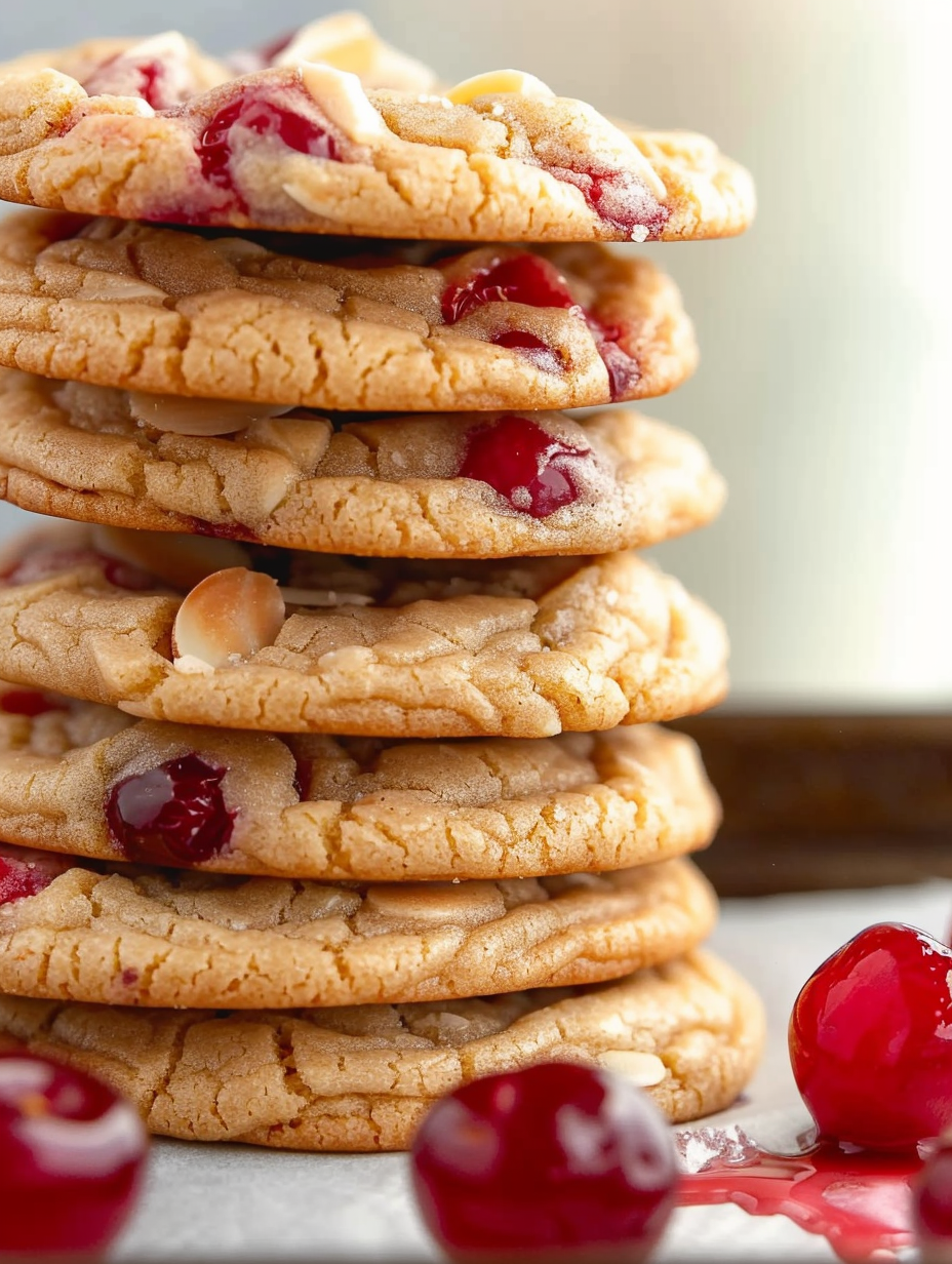Freshly baked cherry almond cookies on a cooling rack