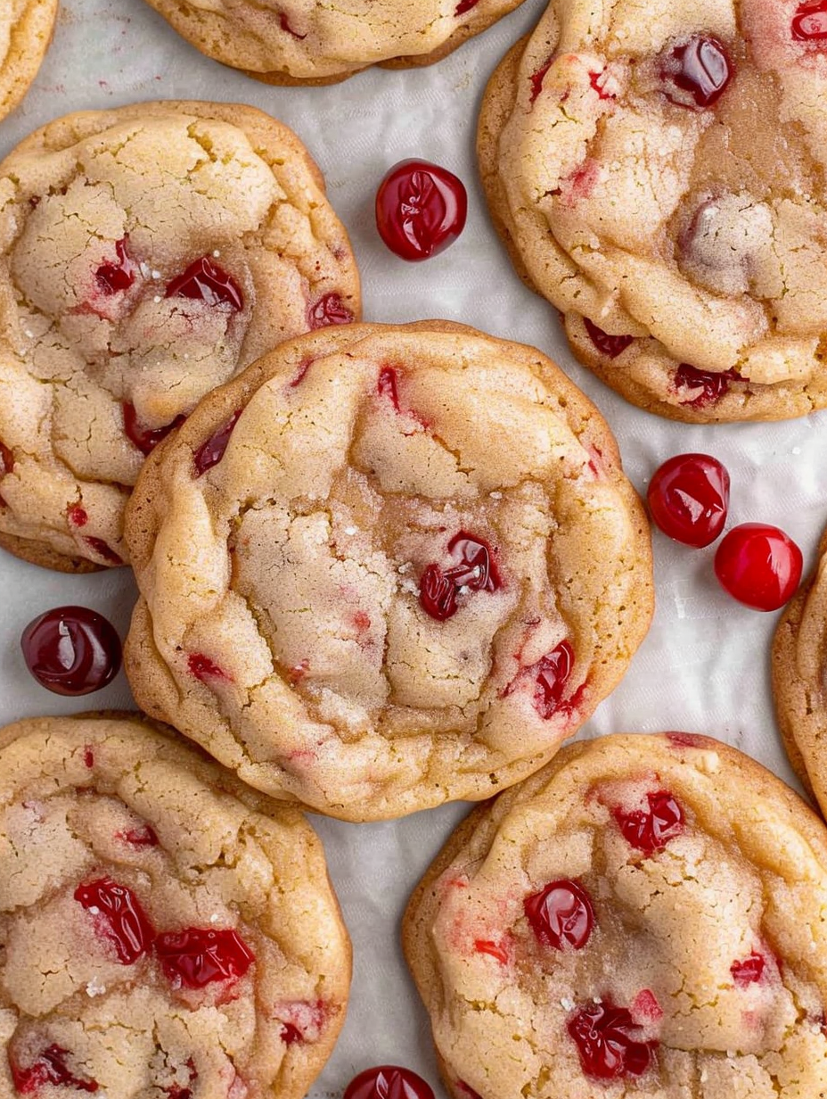 Close-up of cherry pieces folded into cookie dough