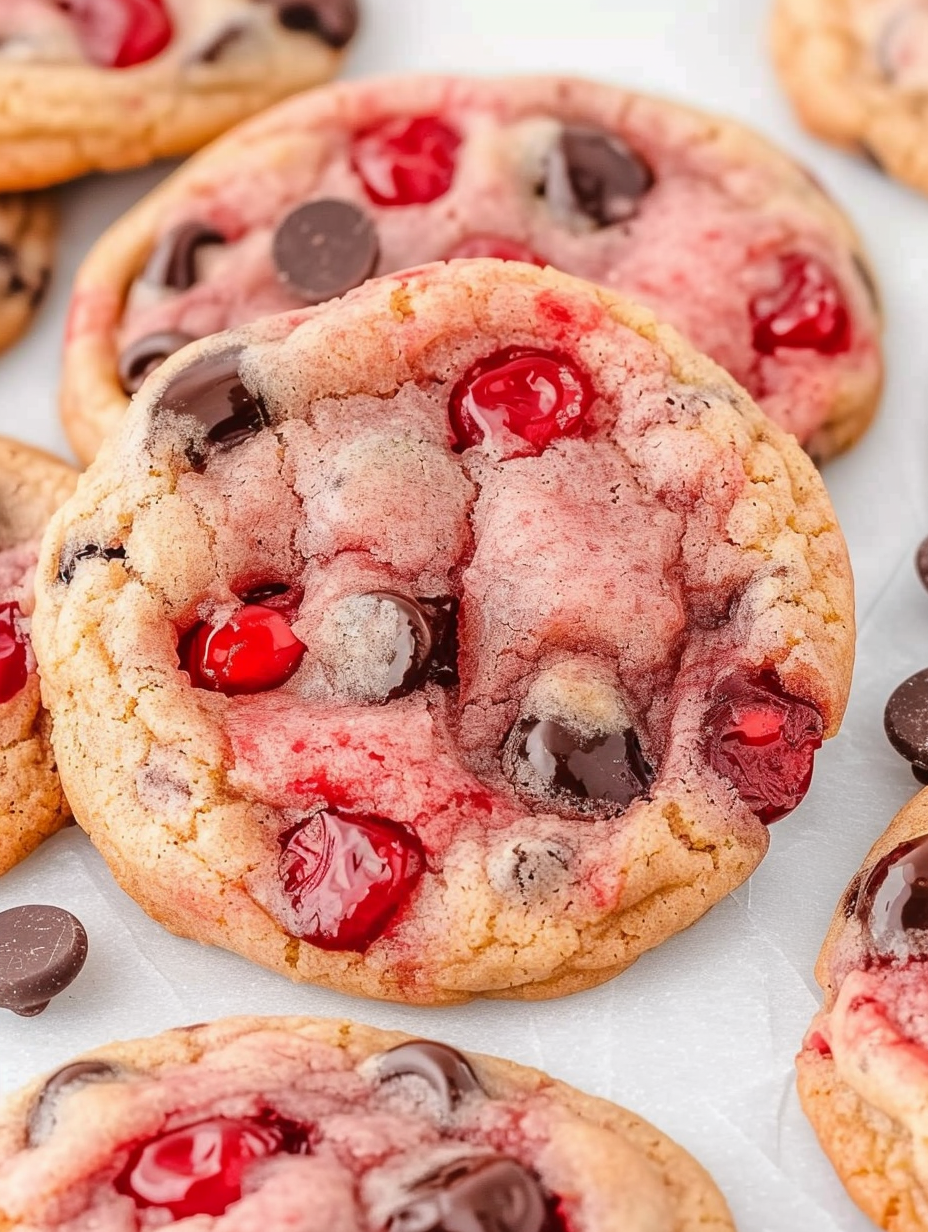 Tray of cherry chocolate chip cookies on parchment