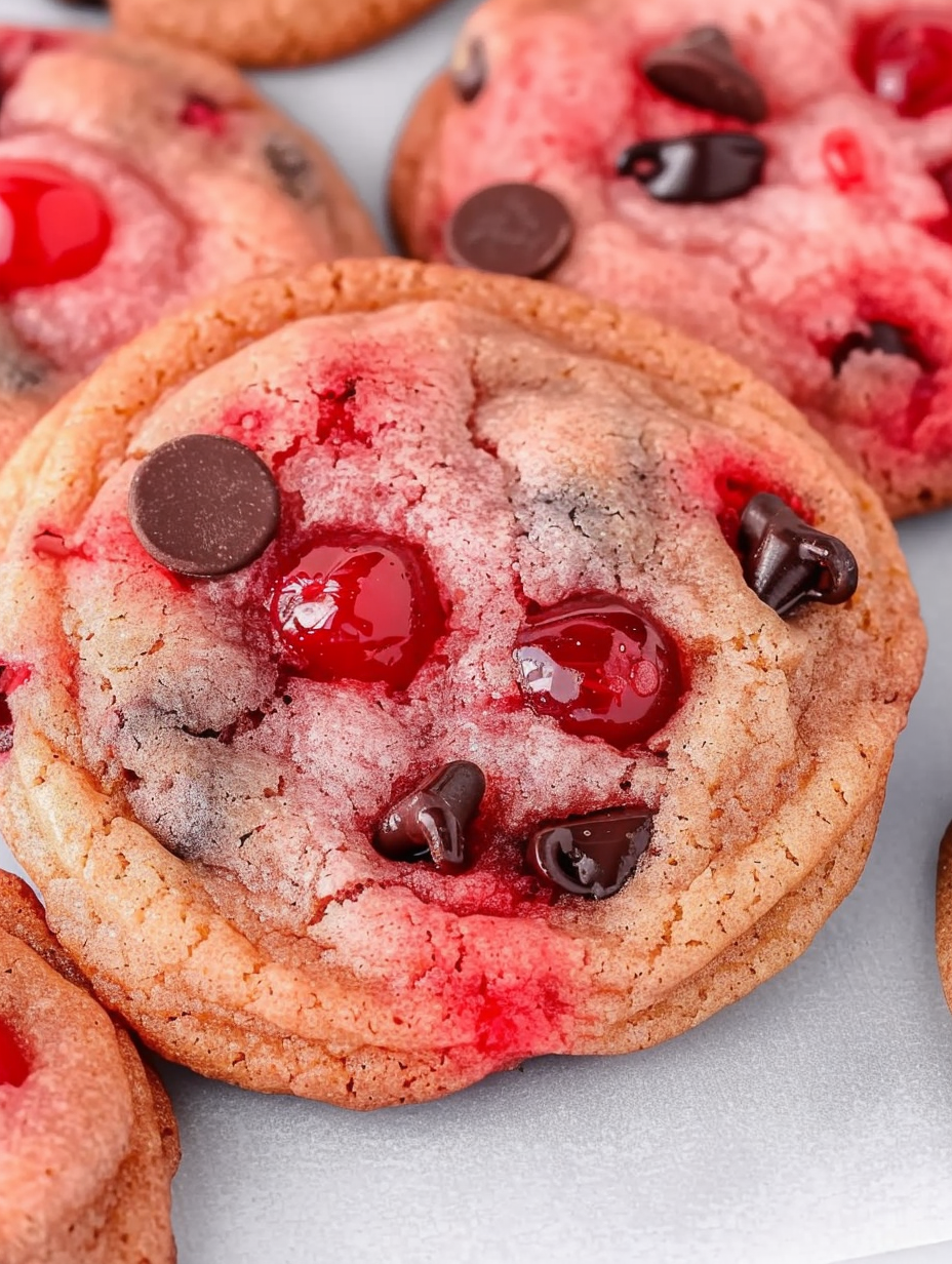 Close-up of a cookie showing cherries and chocolate chips