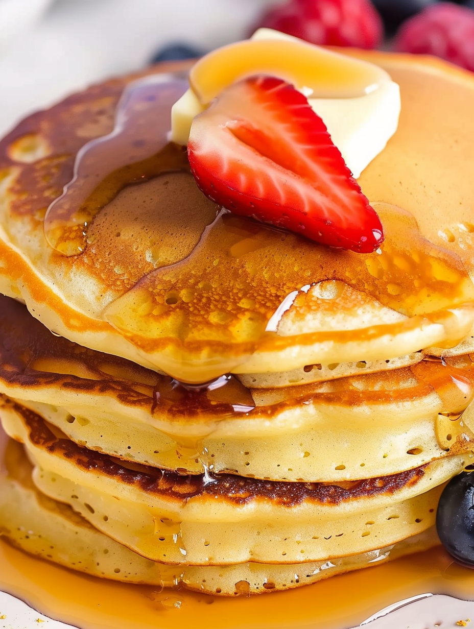 Stack of golden fluffy pancakes with butter and maple syrup
