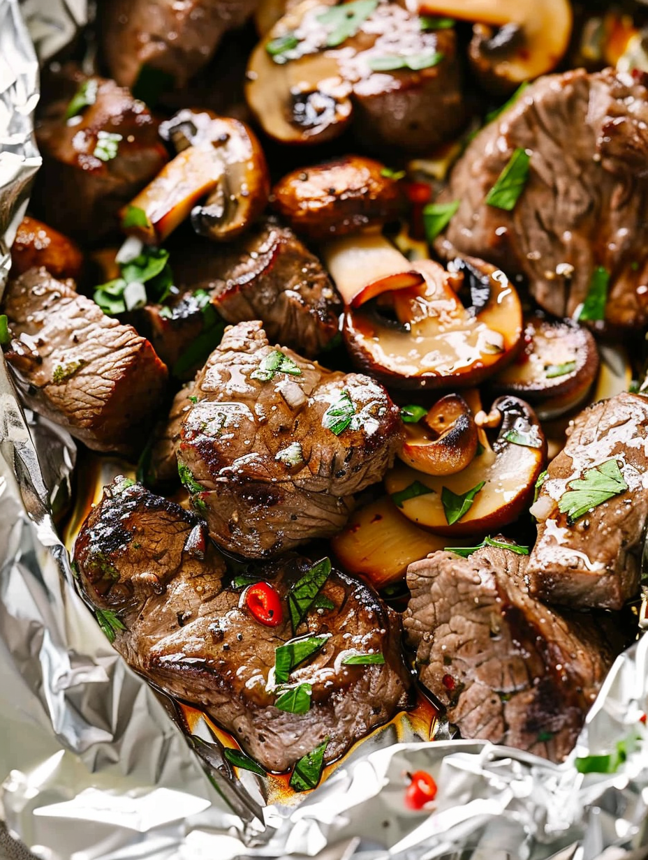 Steak and mushrooms in foil packet on grill, steam rising as packet is opened