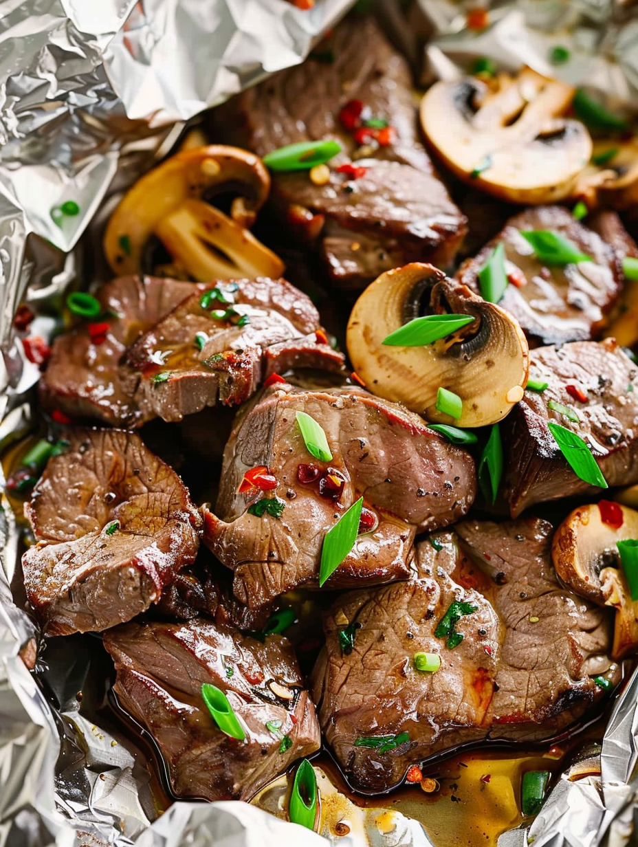 Open foil packet showing browned steak cubes and sautéed mushrooms topped with green onions
