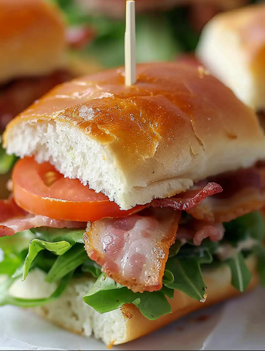 Tray of Hawaiian roll sliders with bacon and lettuce