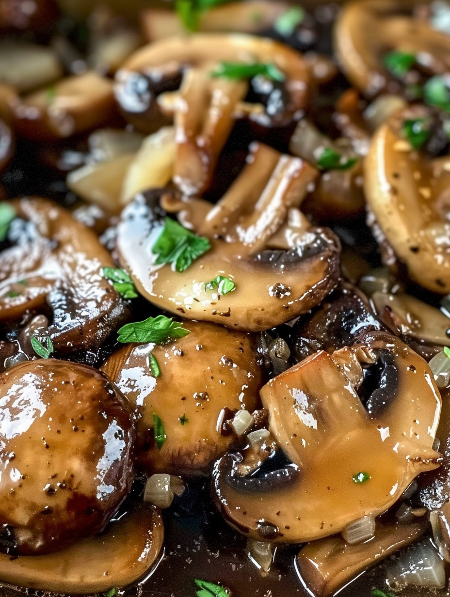 Pan of Texas Roadhouse style mushrooms in buttery glaze