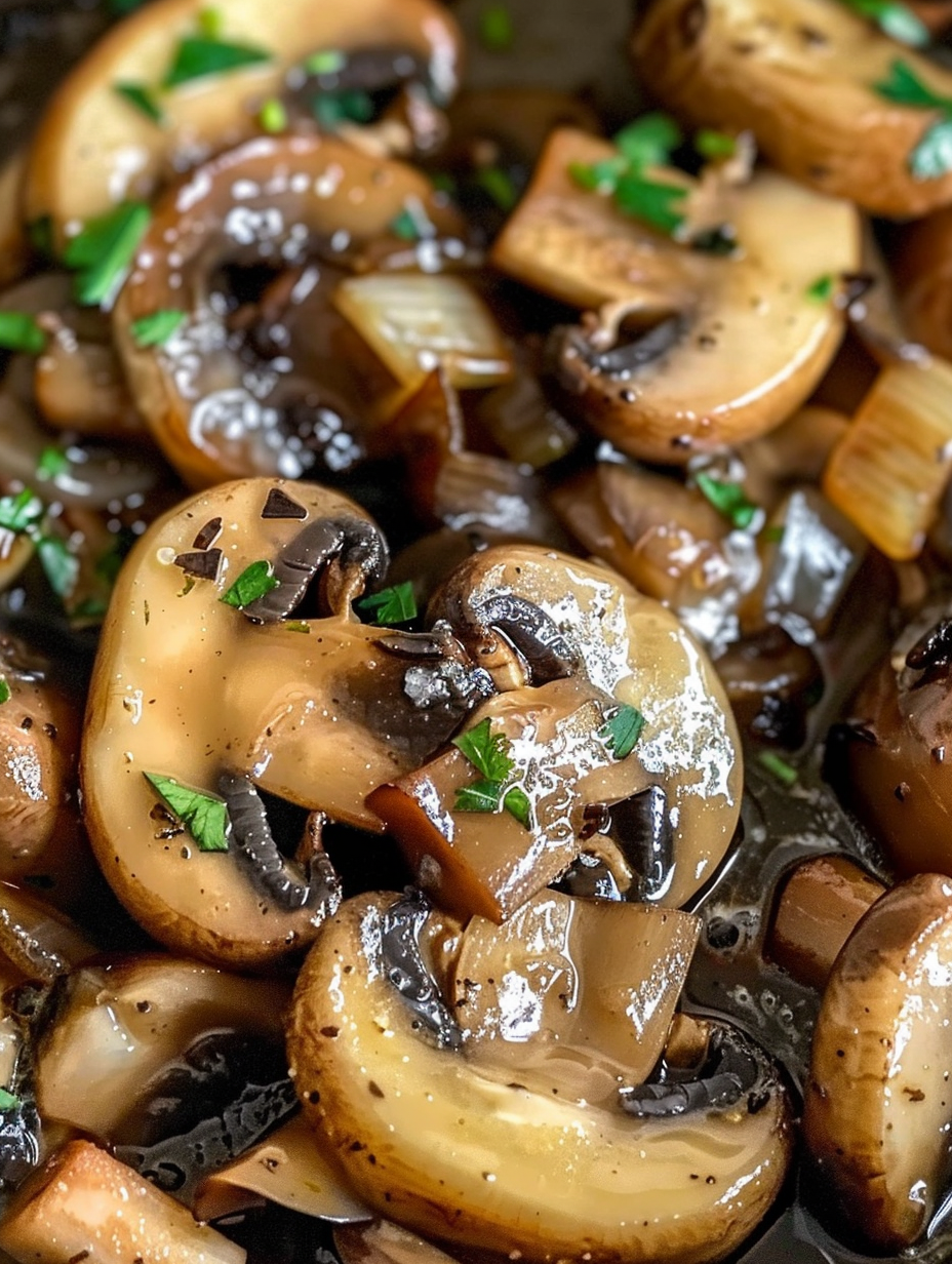 Close up of caramelized mushrooms with parsley