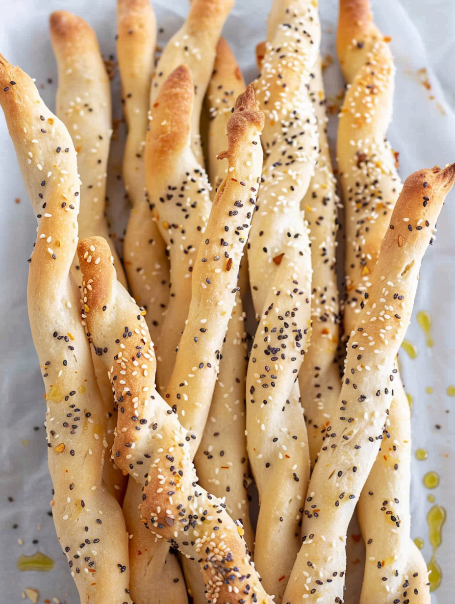 Baking sheet of grissini breadsticks