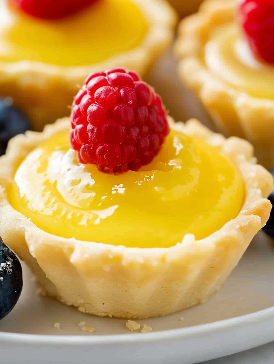 Fresh lemon curd tarts in mini muffin pan with berries