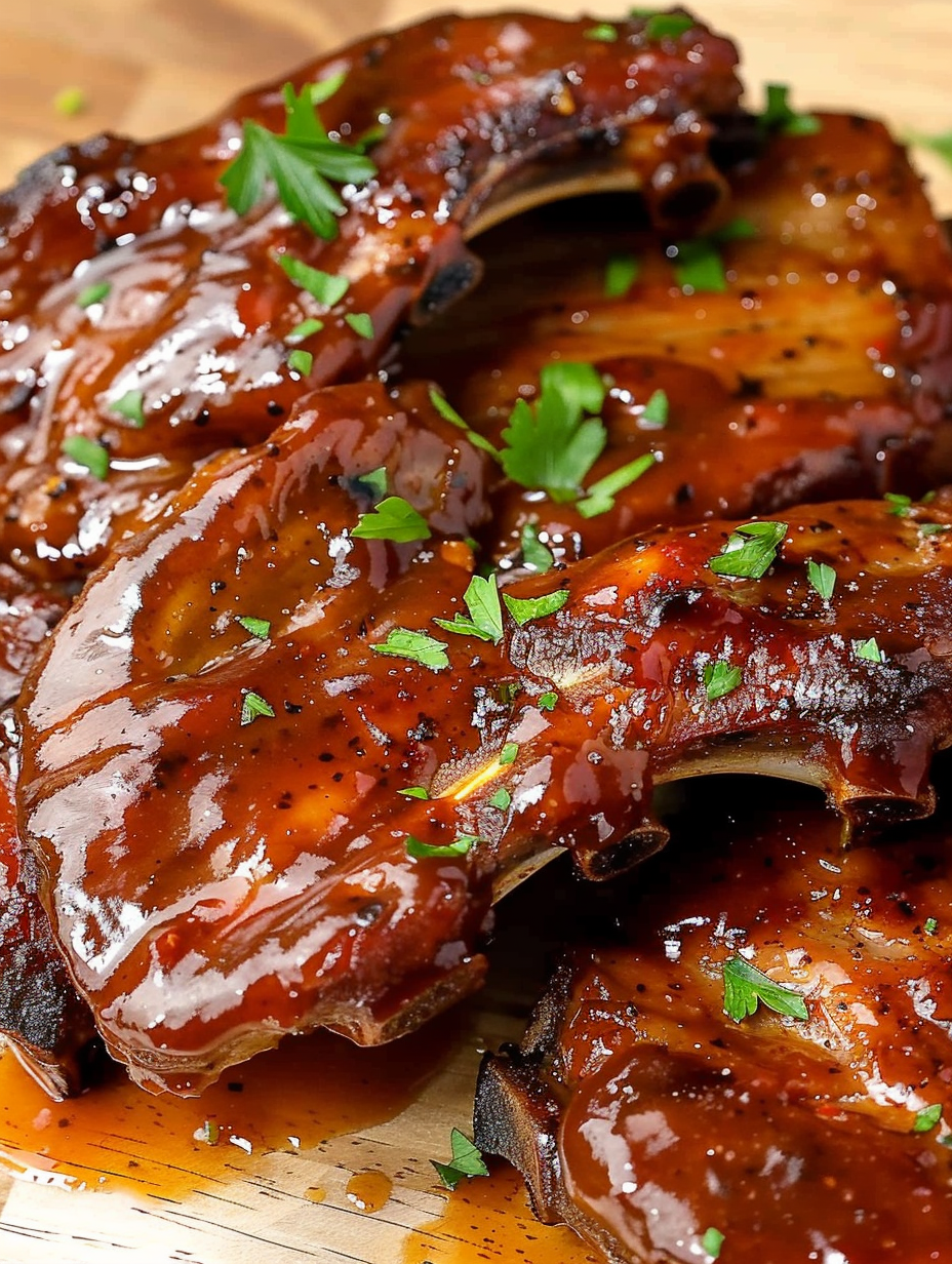 Glazed country style ribs on a serving board