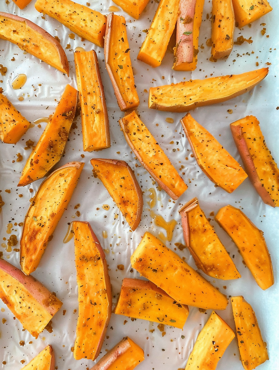 Baked sweet potato wedges on a baking sheet