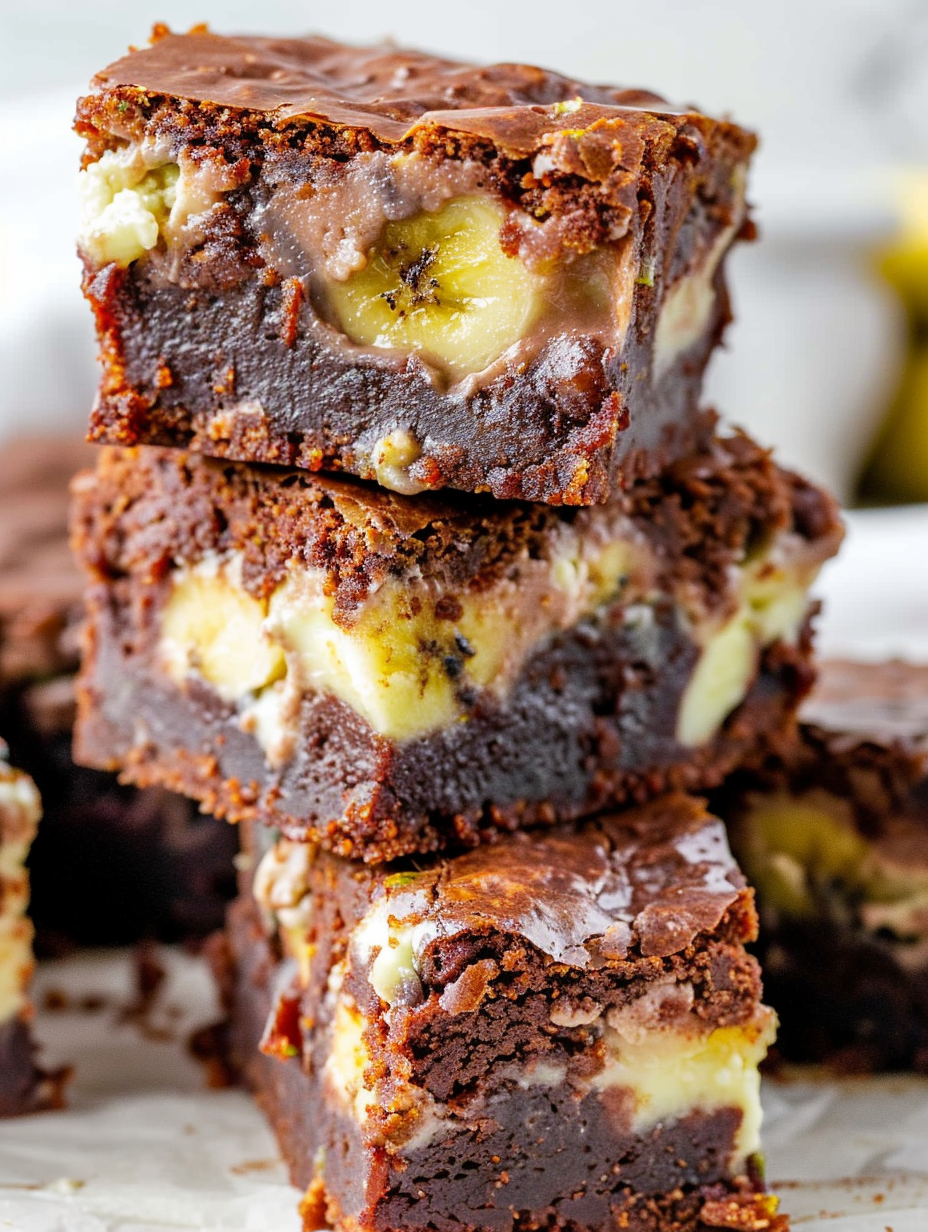 Banana pudding brownies in a 9x9 pan with a marbled cream cheese swirl