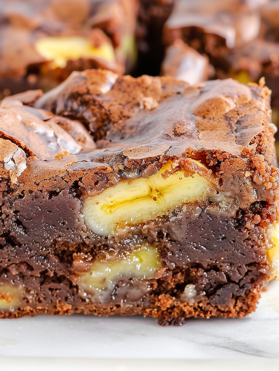 Close-up of the creamy banana pudding swirl in a baked brownie