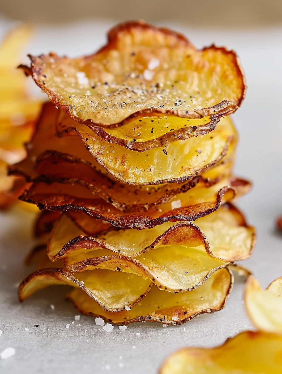 Baked potato chips stacked